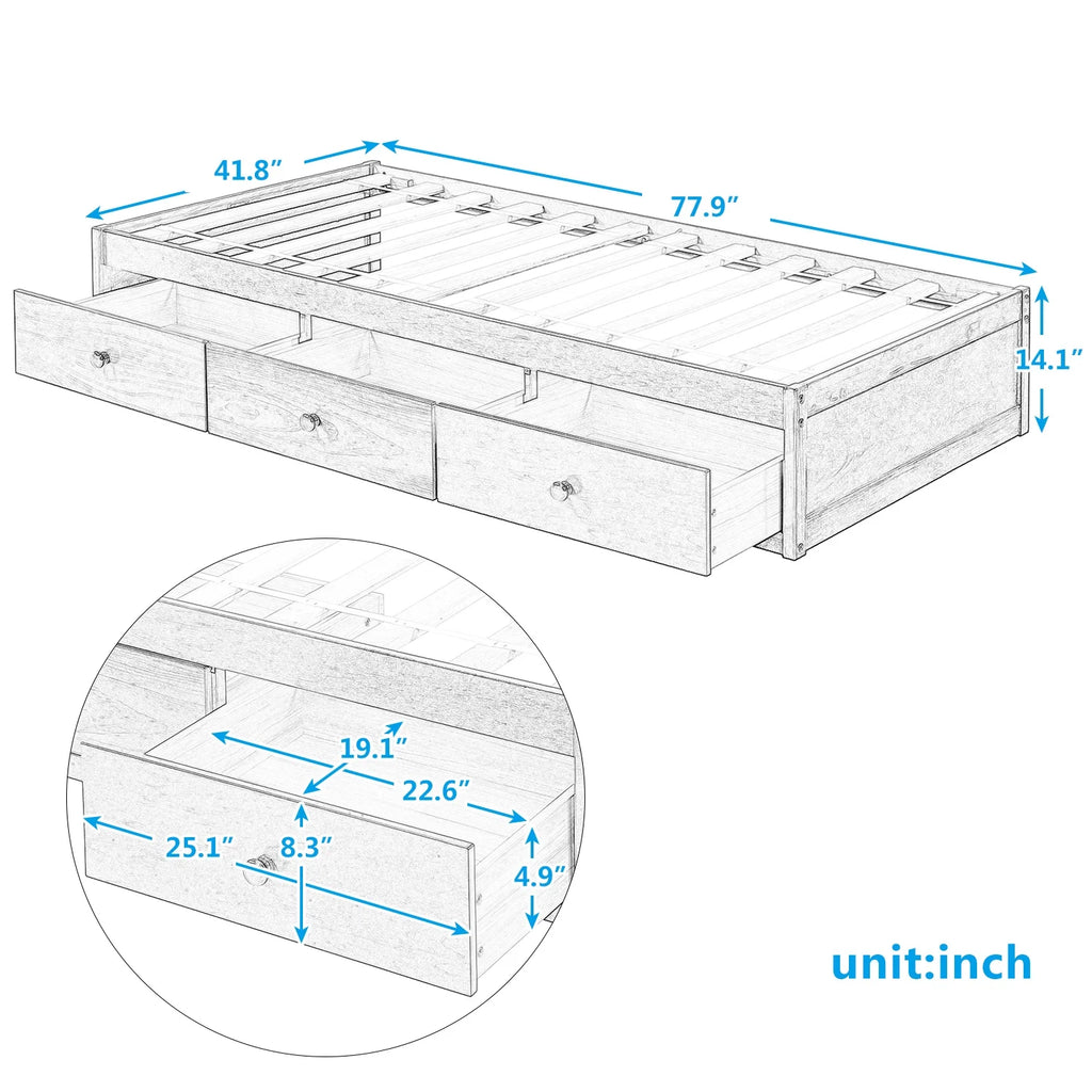 Cherry Twin Size Platform Storage Bed with 3-Drawers R1767