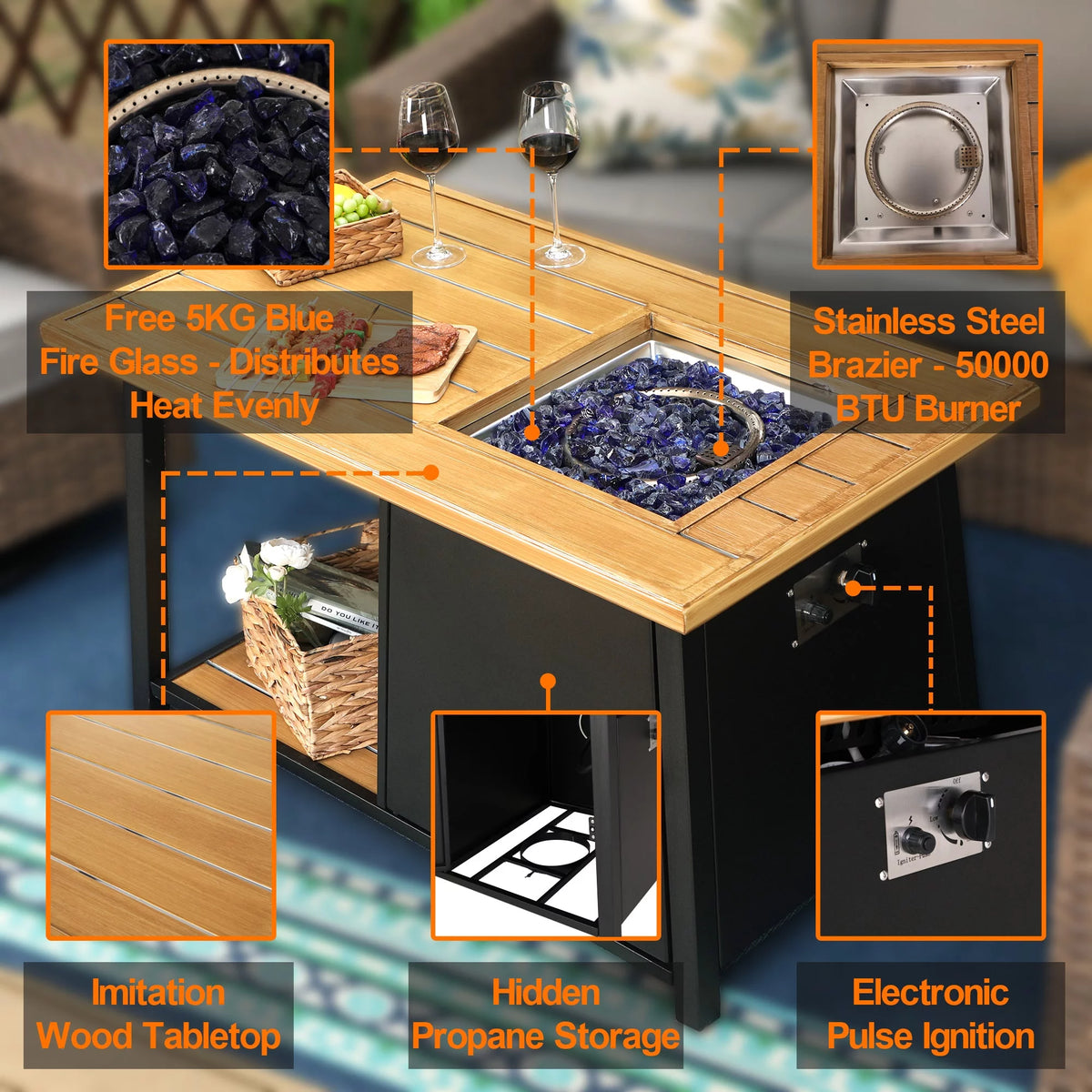 46" Outdoor Rectangular Gas Fire Pit Table O6234