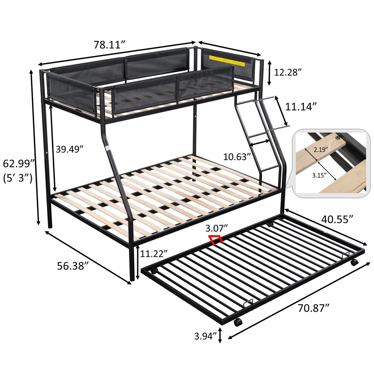 Twin over Full Size Metal Bunk Bed with Trundle and Textilene Guardrail H729433