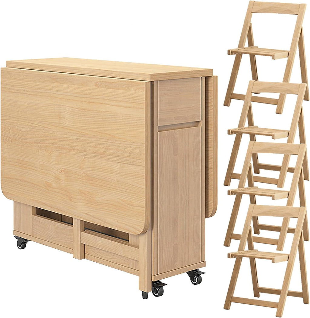 Folding Dining Table with 4 Chairs and Storage Drawers Wood Drop Leaf Dining Table Set N46649