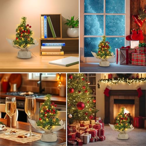 12 Inch Mini Tabletop Artificial Christmas Tree with Timer Lights Pinecones Red Berries R674