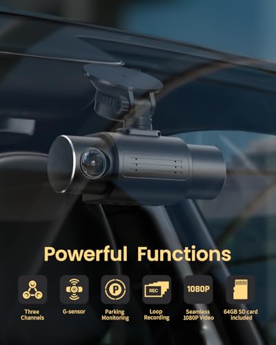 Dash Cam 1080P Three Channels with IR Night Vision Car Camera SD Card Included Dashboard Camera B224105