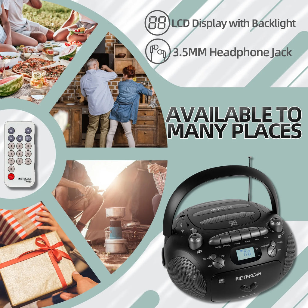 Black Portable CD and Cassette Player Boombox with AM FM Radio Y781
