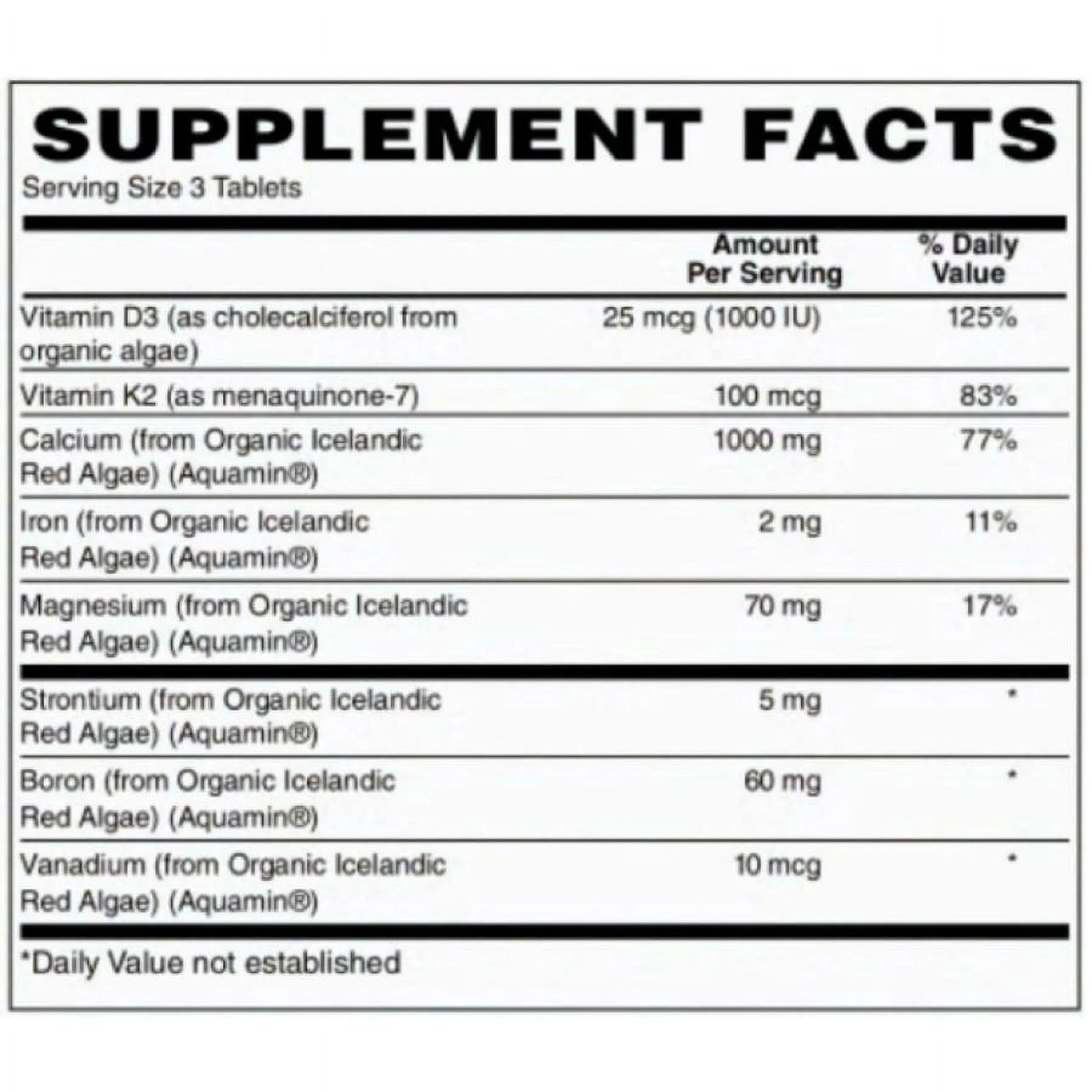 90 Tablets Algae Based Calcium 1,000 mg Tablets with Magnesium, D3, and K2 U924