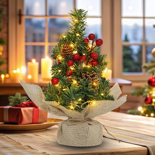 12 Inch Mini Tabletop Artificial Christmas Tree with Timer Lights Pinecones Red Berries R674