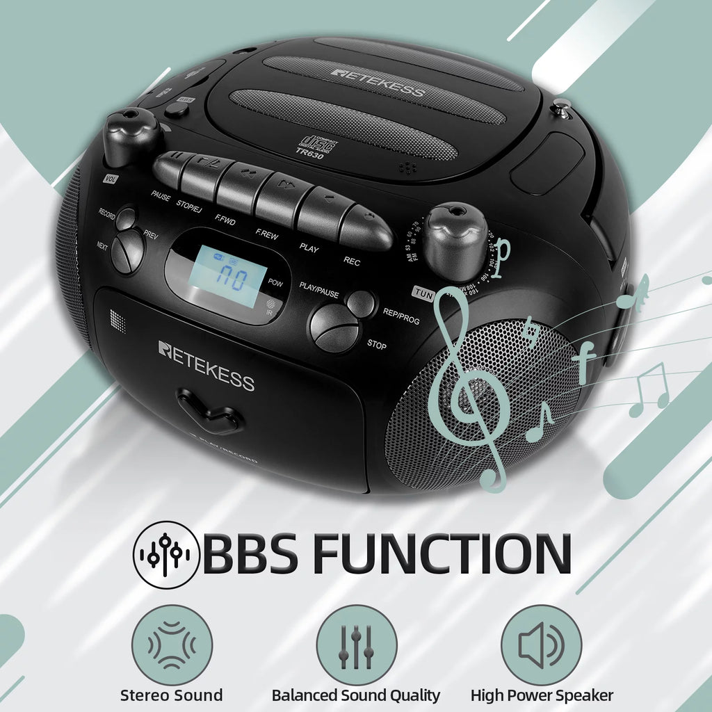 Black Portable CD and Cassette Player Boombox with AM FM Radio Y781