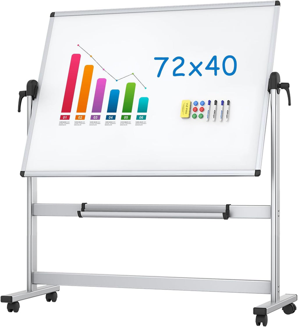 Double-Sided Magnetic Mobile Whiteboard 72 x 40 Inches with Aluminium Frame and Stand W373512