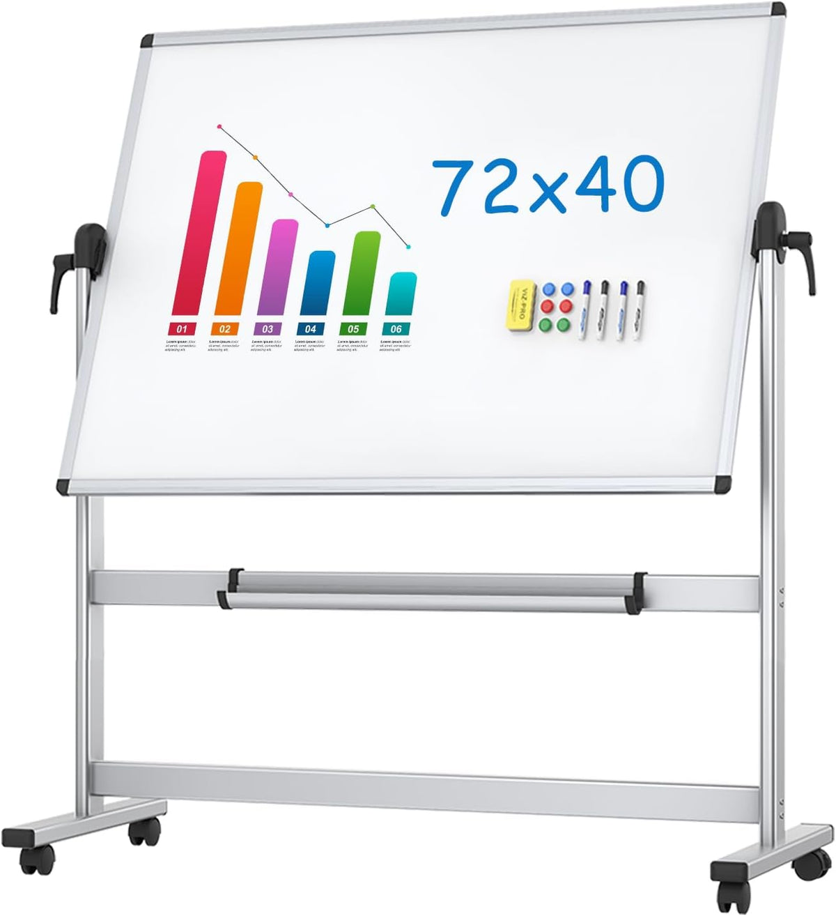 Double-Sided Magnetic Mobile Whiteboard 72 x 40 Inches with Aluminium Frame and Stand W373512