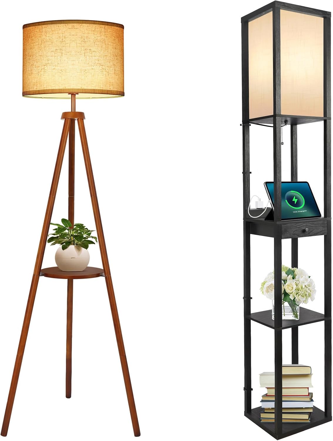 Wood Tripod Floor Lamp with Beige Linen Texture Shade R198751