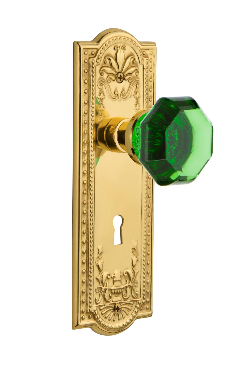 Passage Meadows Plate with Keyhole Waldorf Emerald Door Knob in Unlaquered Brass P61089