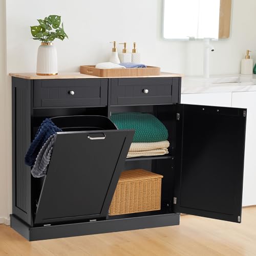 Black Tilt Out Trash Cabinet with Adjustable Shelf and Hideaway Drawers S5953