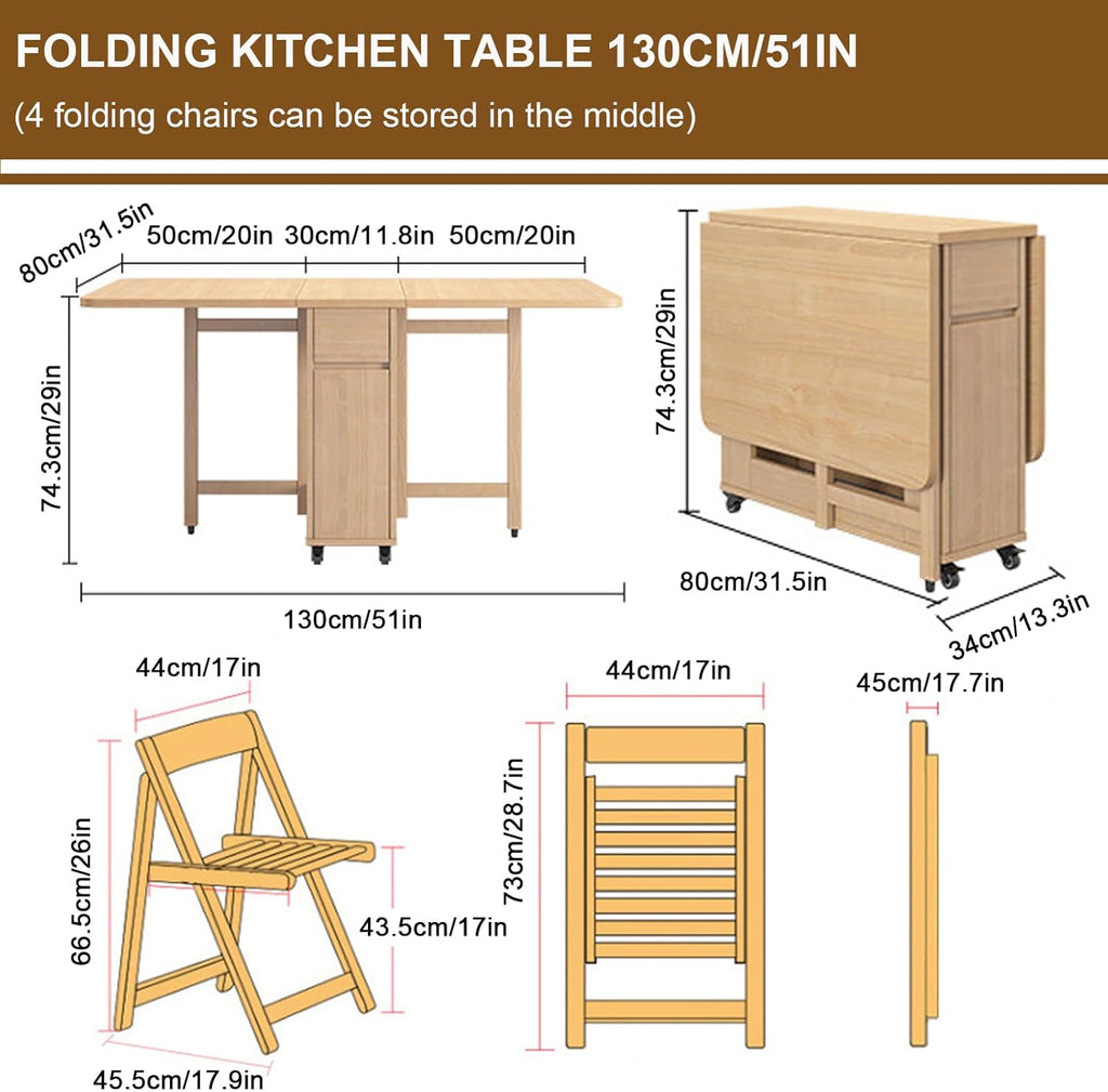 Folding Dining Table with 4 Chairs and Storage Drawers Wood Drop Leaf Dining Table Set N46649