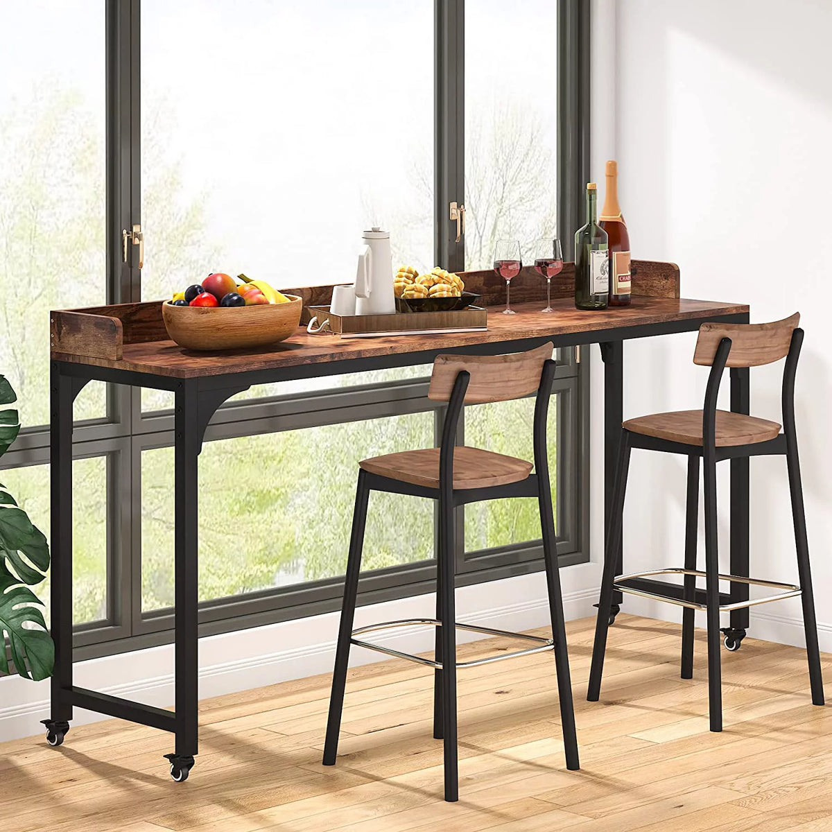 Brown Overbed Table with Wheels 70.8"L Queen Size Mobile Desk with Metal Legs J787