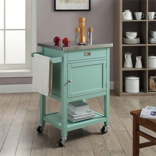 Stainless Steel Top Pine Wood Rolling Kitchen Island Cart with Drawer and Shelf R2806