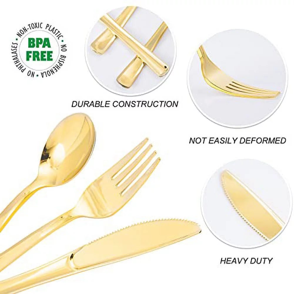 300 PCS Gold Plastic Cutlery Set U257529