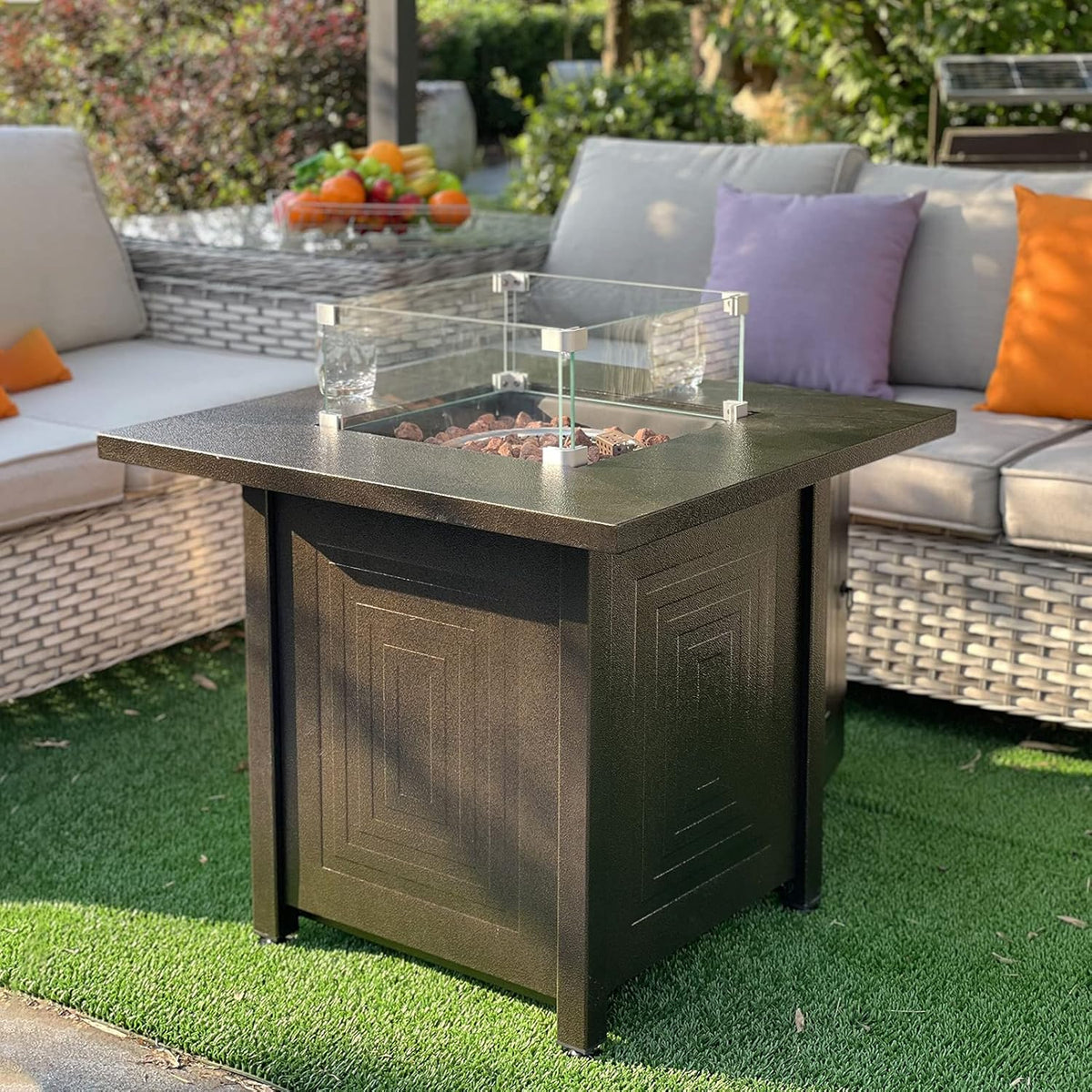 50000BTU Metal Propane Fire Pit Table with Glass Wind Guard and Lava Stone R614050
