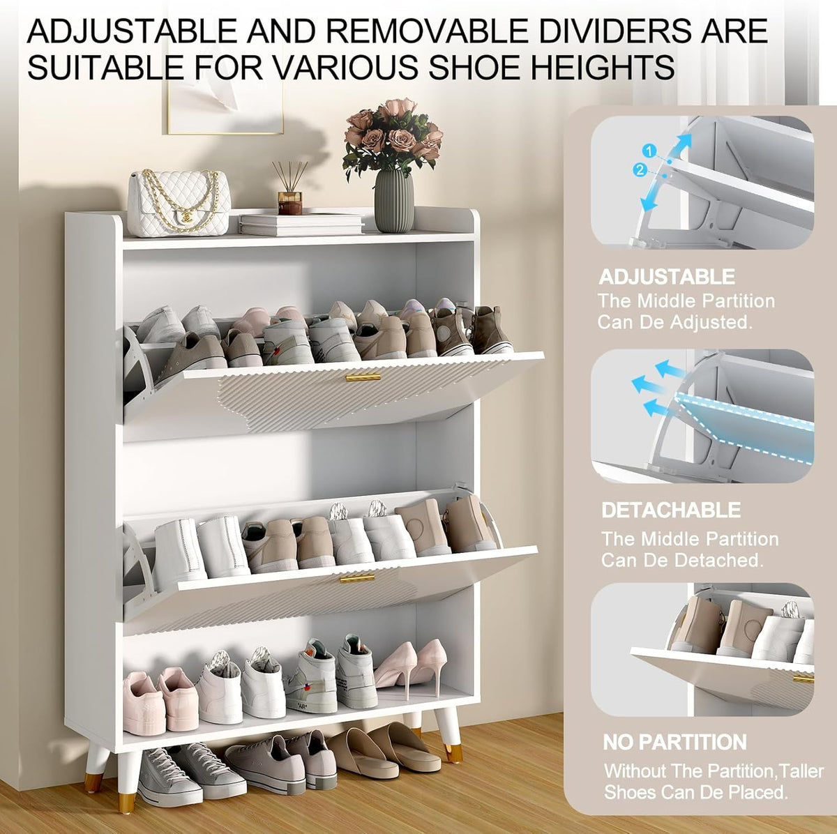 White Slim Shoe Storage Cabinet with Drawer A35397