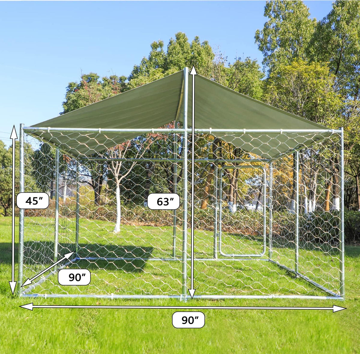 Silver 90"x90"x63" Outdoor Dog Kennel with Water-Resistant Cover M421