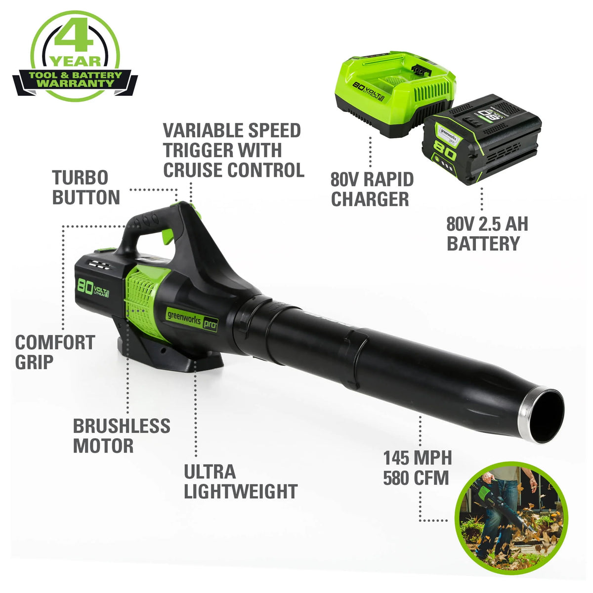 80V Brushless Leaf Blower with 2.5 Ah Battery & Charger C45922