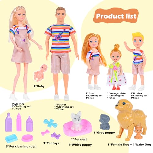 6 People Dollhouse Dolls Playset with Pets and Accessories H8301