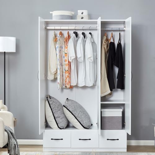 Rattan Armoire Wardrobe Closet Wood 71" Tall with 3 Doors 4 Drawers Mirror Hanging Rod and Shelves C646483