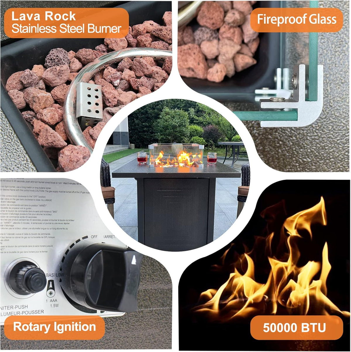 50000BTU Metal Propane Fire Pit Table with Glass Wind Guard and Lava Stone R614050