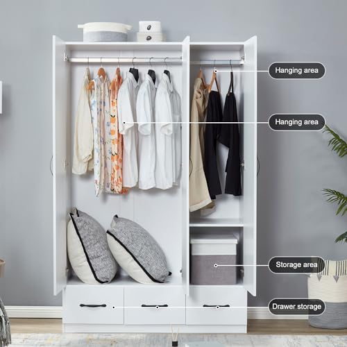 Rattan Armoire Wardrobe Closet Wood 71" Tall with 3 Doors 4 Drawers Mirror Hanging Rod and Shelves C646483