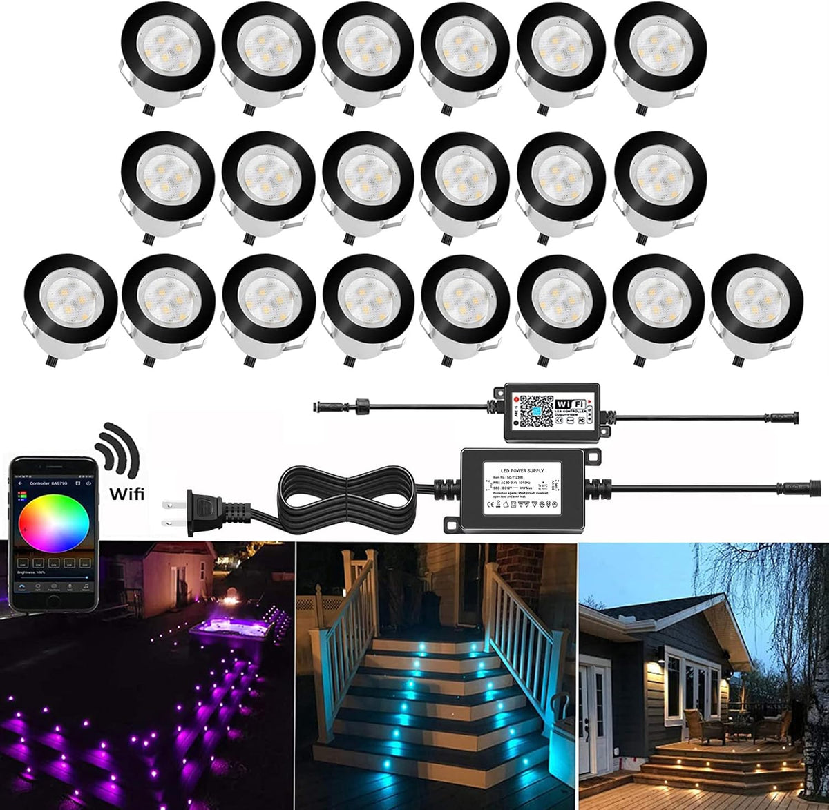 Smart LED Deck Lights Kit WiFi Controlled Color Changeable IP67 Waterproof Low Voltage 10pack N1686