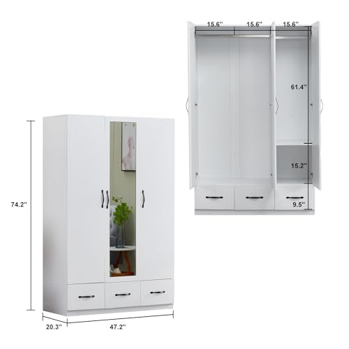 Rattan Armoire Wardrobe Closet Wood 71" Tall with 3 Doors 4 Drawers Mirror Hanging Rod and Shelves C646483