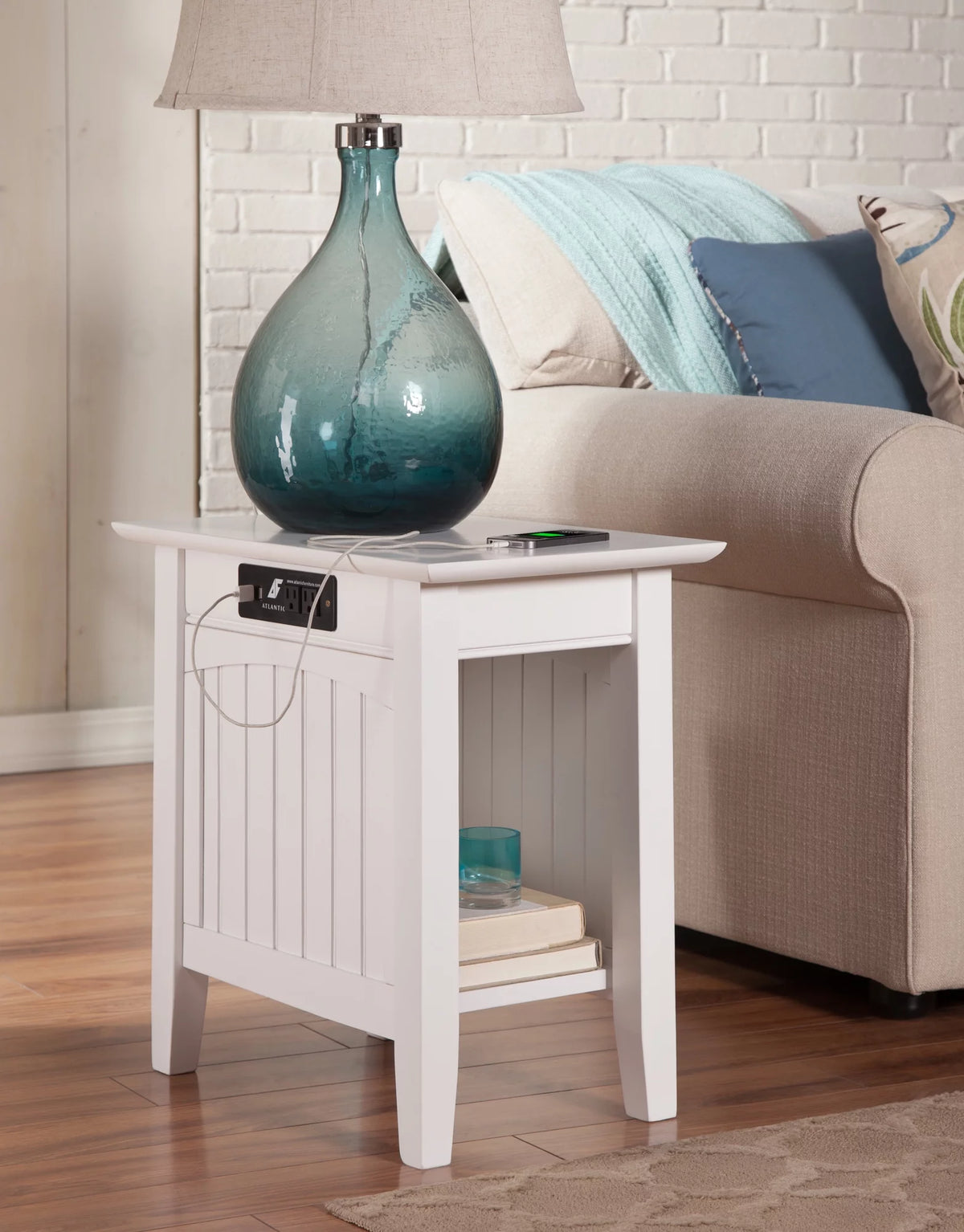 White Chair Side Table with Charging Station D777
