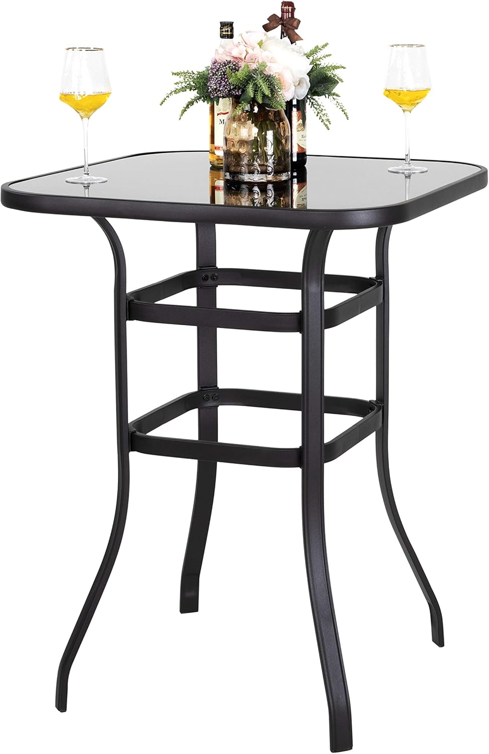 32 Inch Square Steel Frame Bar Height Bistro Table with Tempered Glass Table Top Black F361