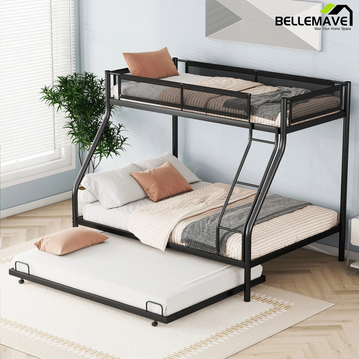 Twin over Full Size Metal Bunk Bed with Trundle and Textilene Guardrail H729433