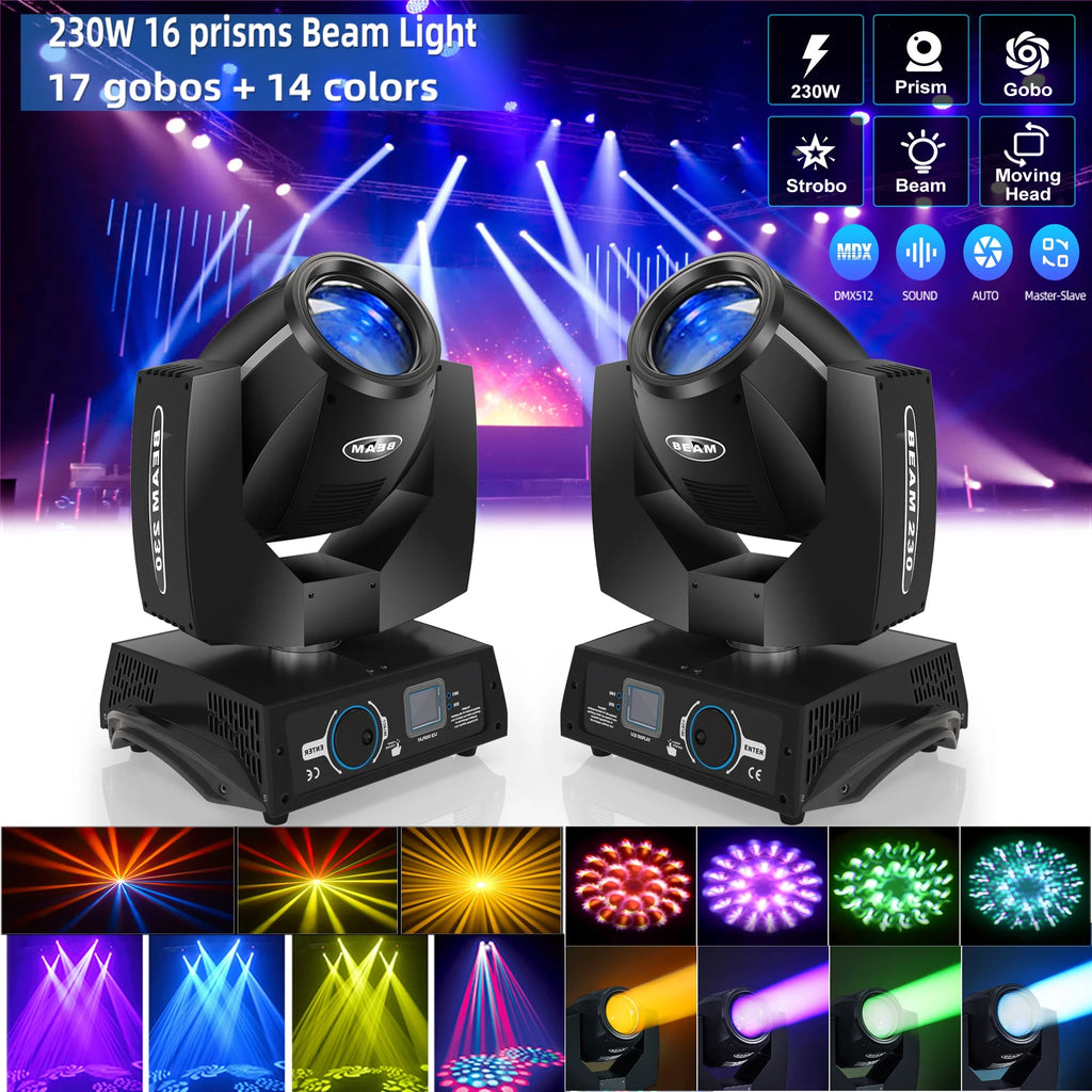 2 Pack 230W Beam Moving Head Light 8 Prisms 17 Gobos RGBW LED DJ Lighting 16CH DMX Control D183