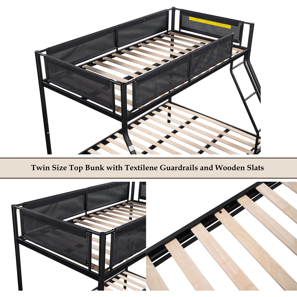 Twin over Full Size Metal Bunk Bed with Trundle and Textilene Guardrail H729433