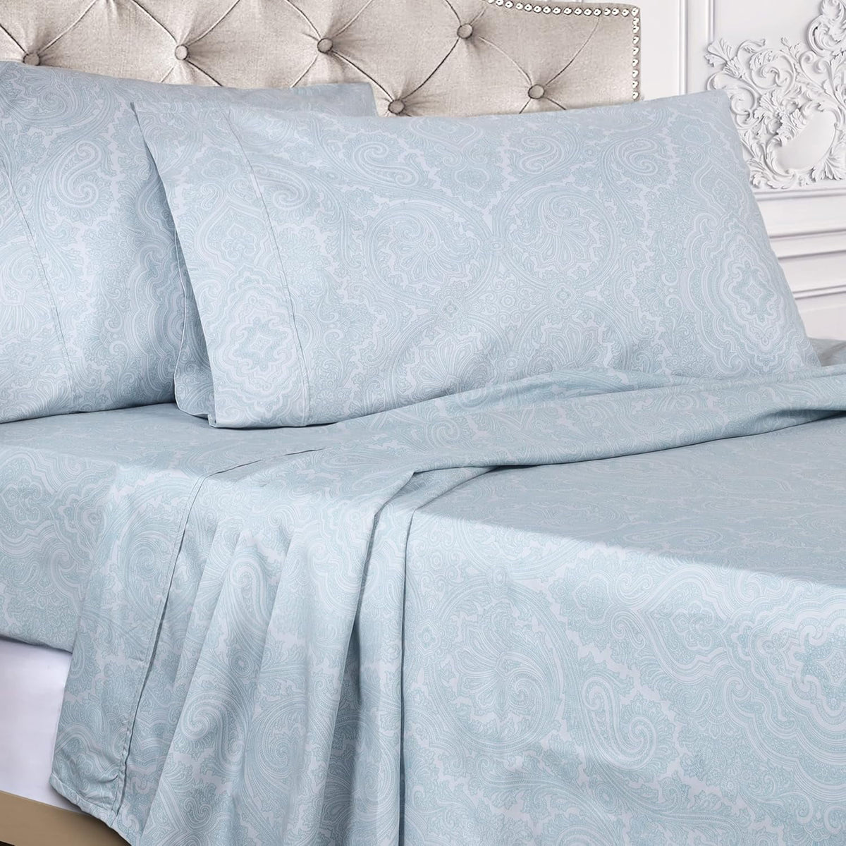 King Blue Cotton Blend Bed Sheet Set with Deep Pocket Fitted Sheet K617603