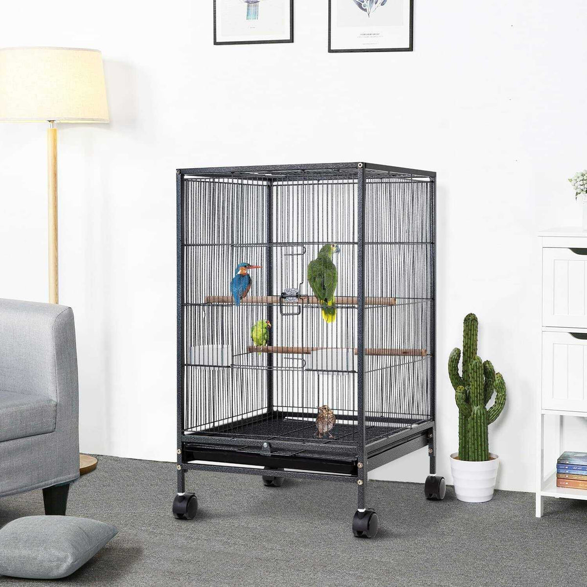 35-inch Wrought Iron Bird Cage with Rolling Stand V40789