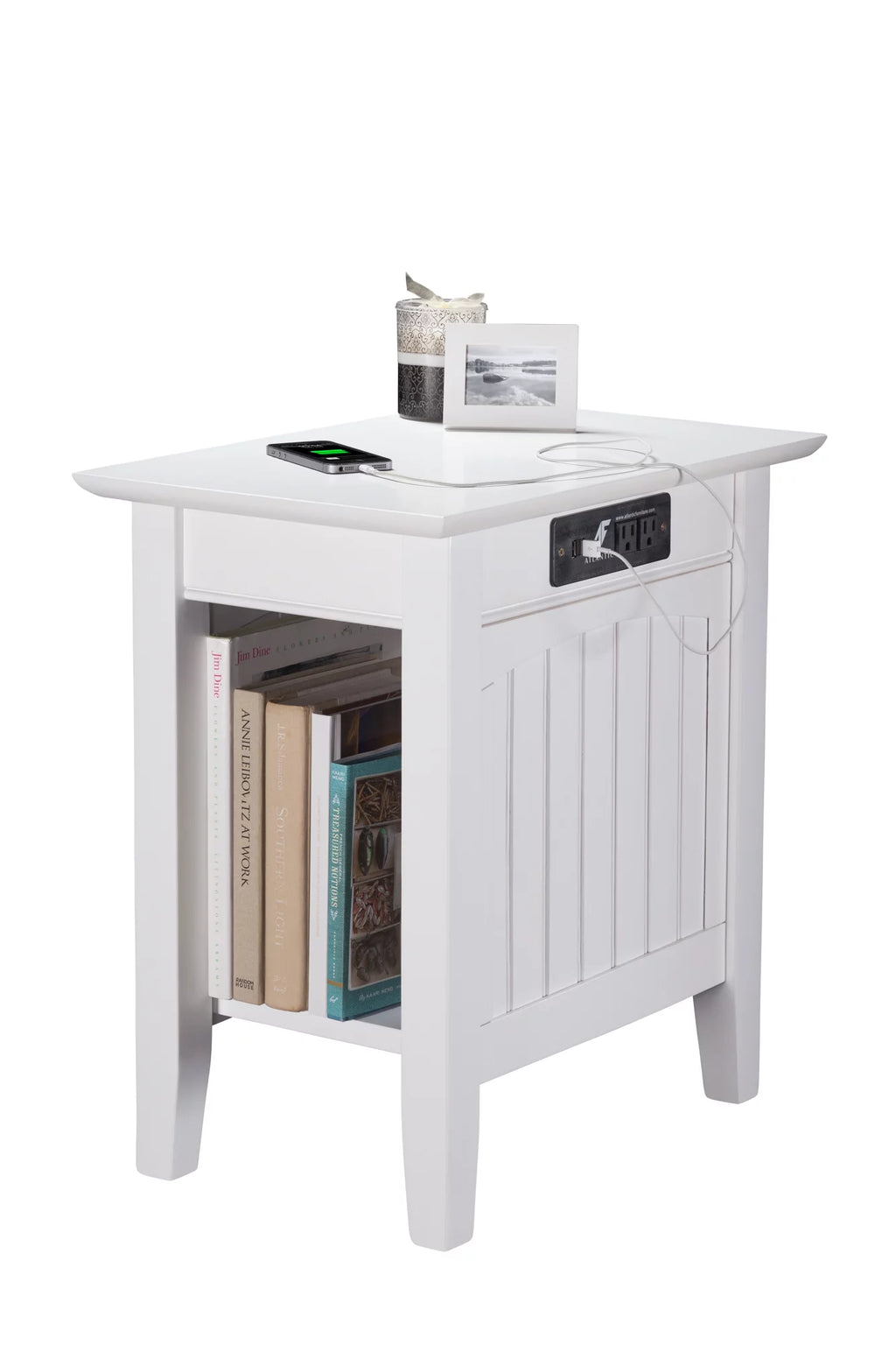 White Chair Side Table with Charging Station D777