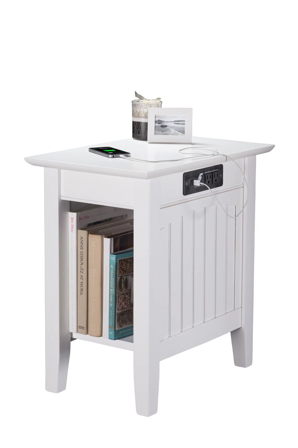 White Chair Side Table with Charging Station D777