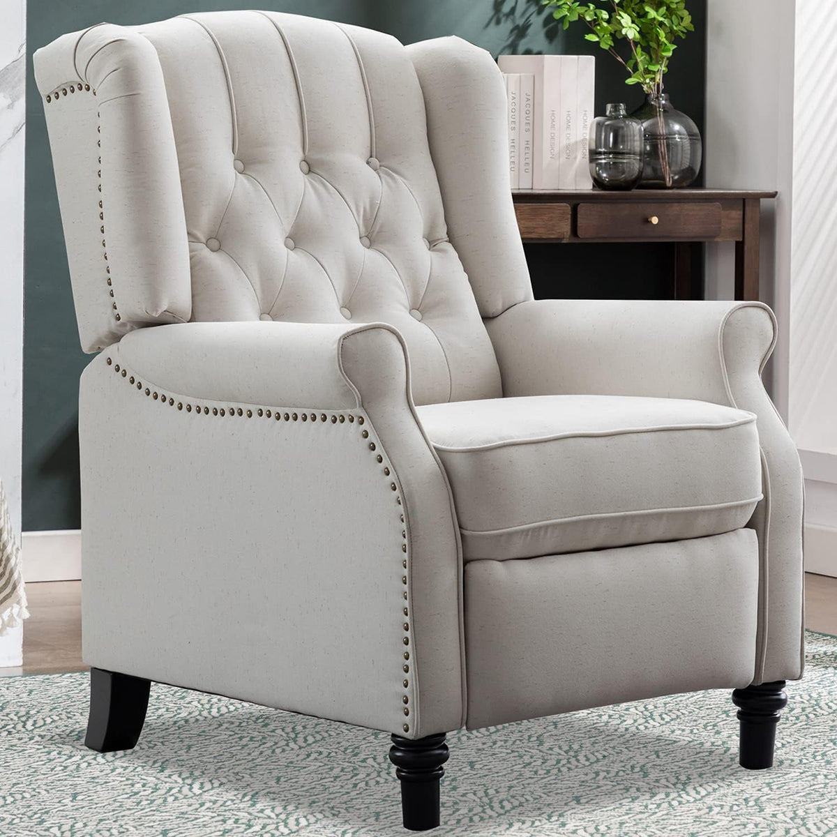 Beige Push Back Recliner Chair with Tufted Back and Wooden Legs B21526