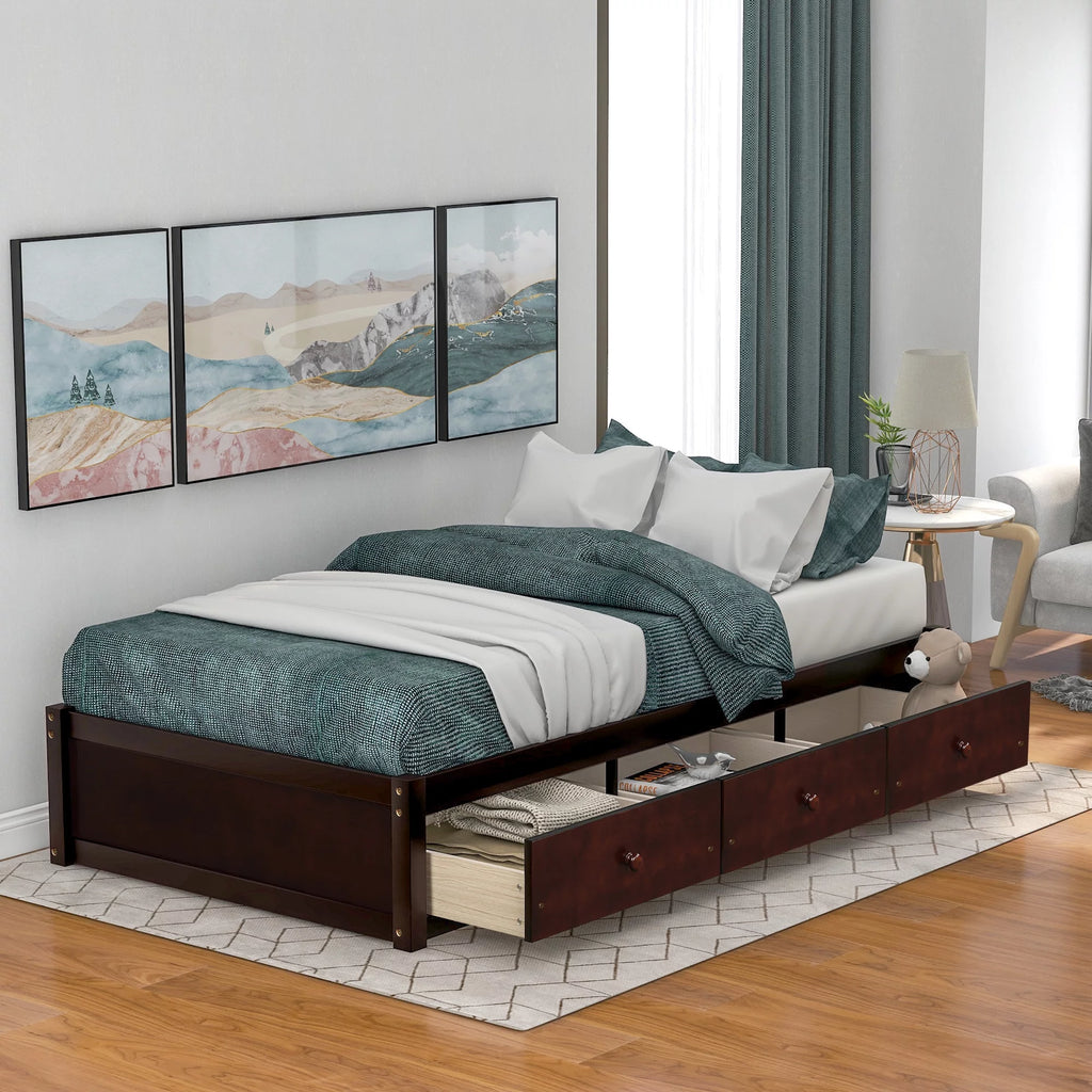 Cherry Twin Size Platform Storage Bed with 3-Drawers R1767