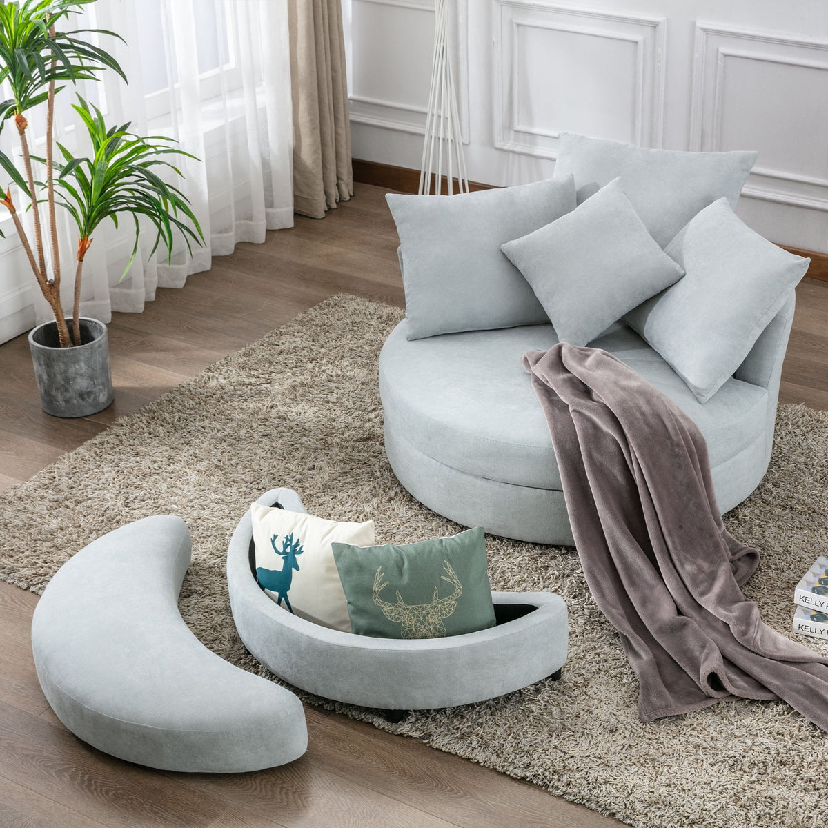 Light Gray Swivel Barrel Chair with Ottoman W12630