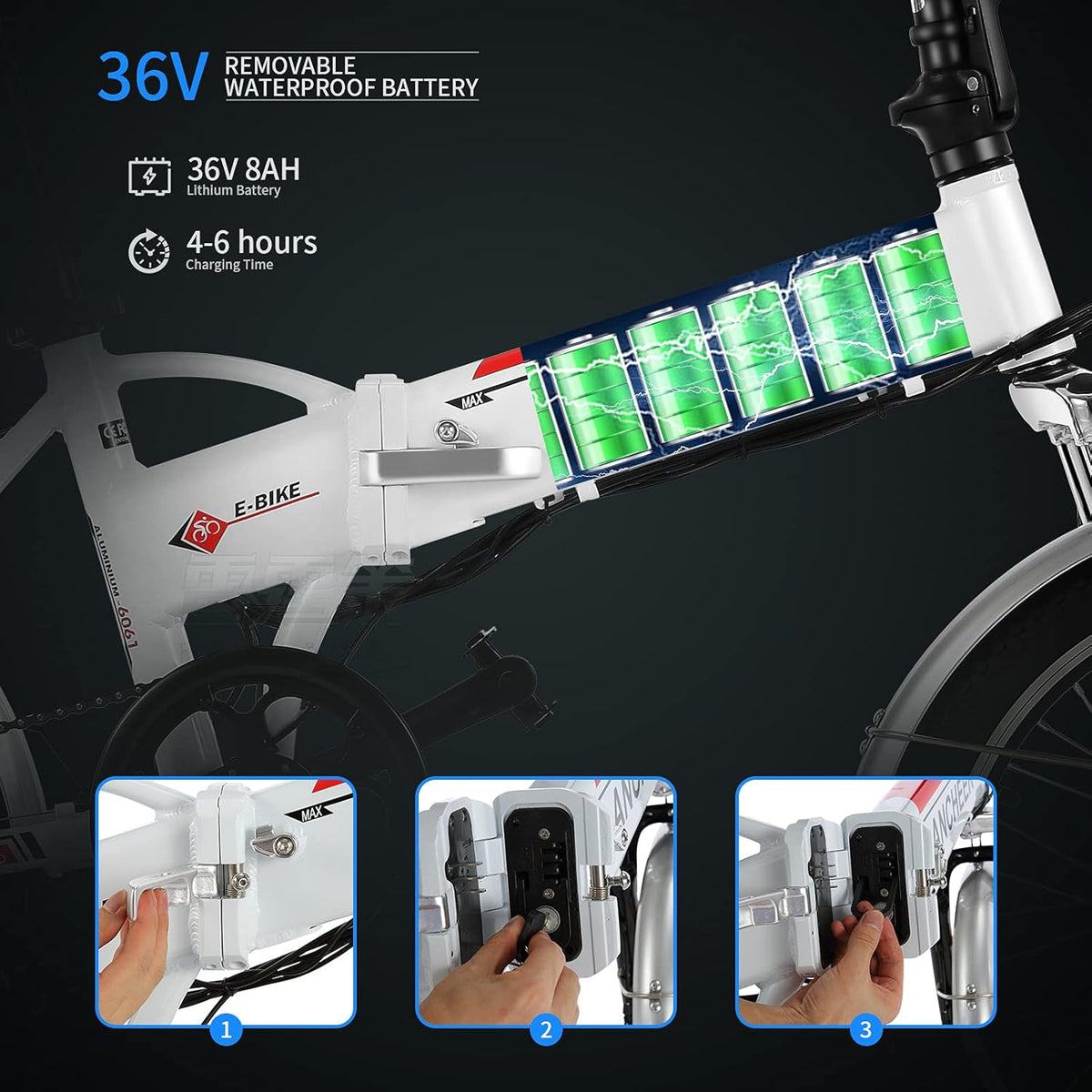 20 inch White 20 Folding Electric Bike with 36V 250W Removable Lithium-Ion Battery X196