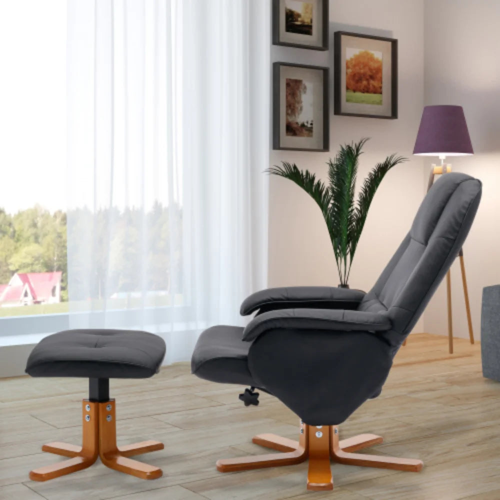 Faux Leather Beige Swivel Recliner Chair with Ottoman and Wood Base O615625