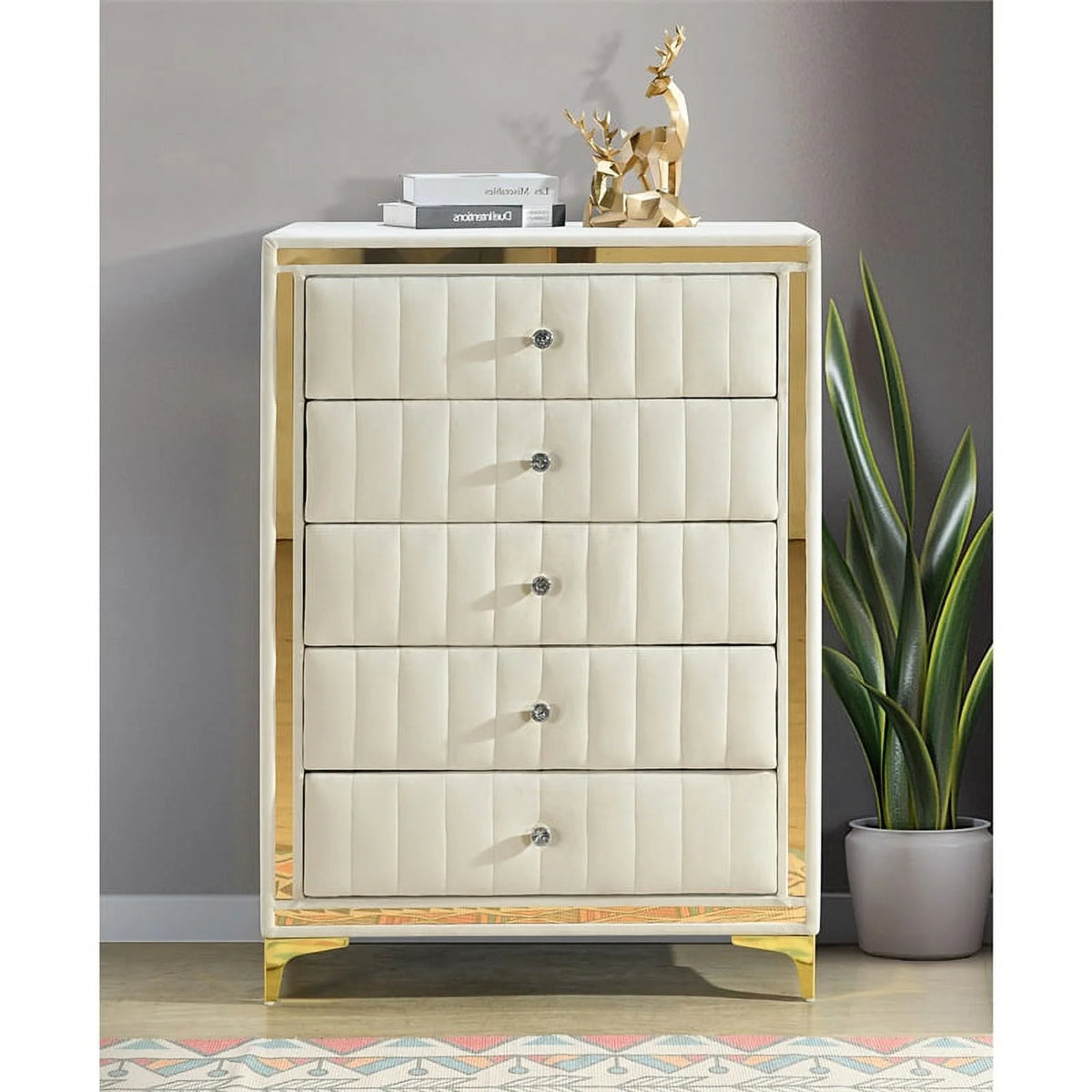 Cream Velvet Upholstered 5-Drawer Chest T723861