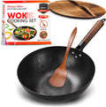 Carbon Steel Wok Pan with Lid, 12.5 Nonstick, Hand-Hammered, Round Flat Bottom, Pack of 2 G481