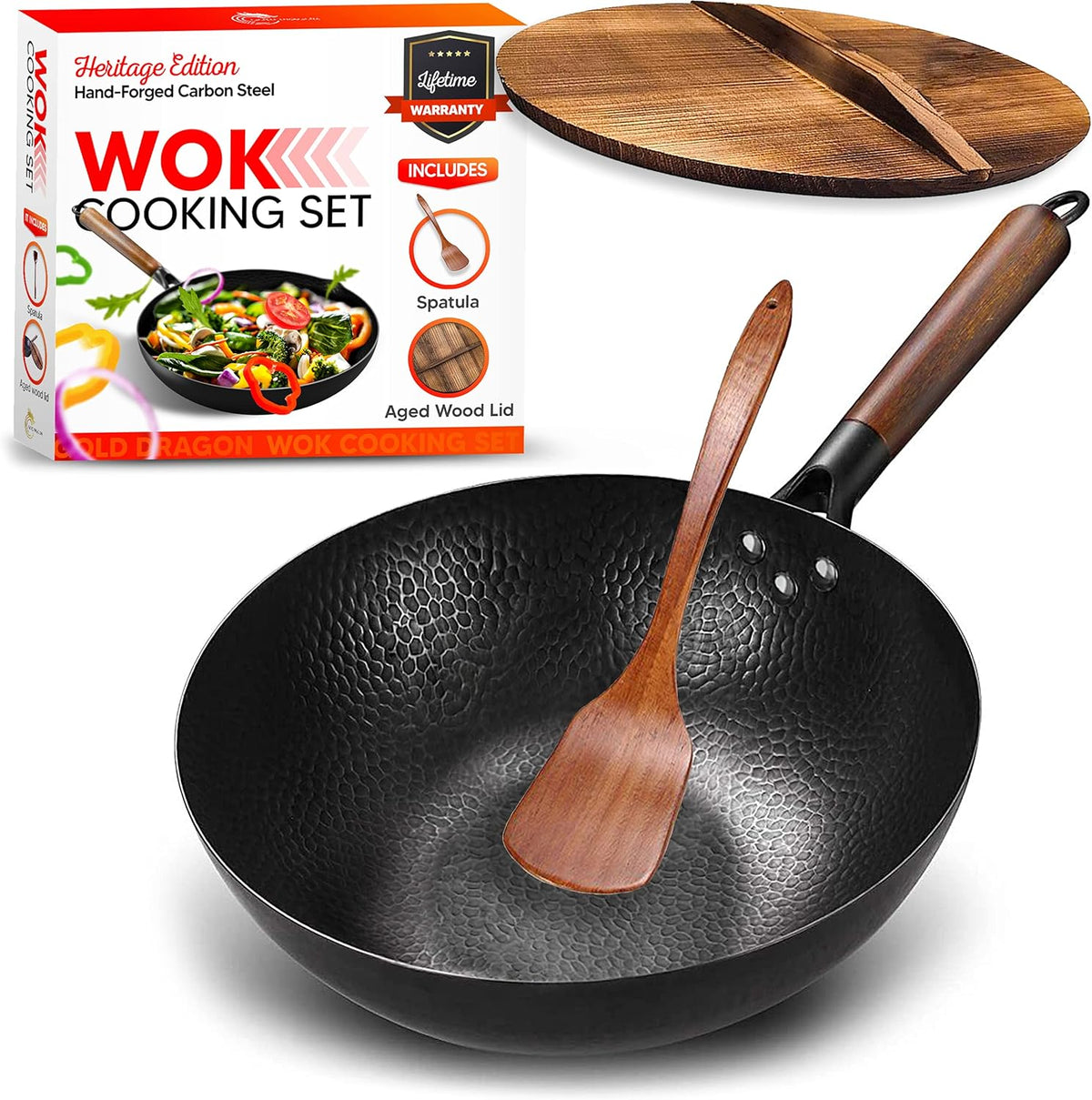 Carbon Steel Wok Pan with Lid, 12.5 Nonstick, Hand-Hammered, Round Flat Bottom, Pack of 2 G481