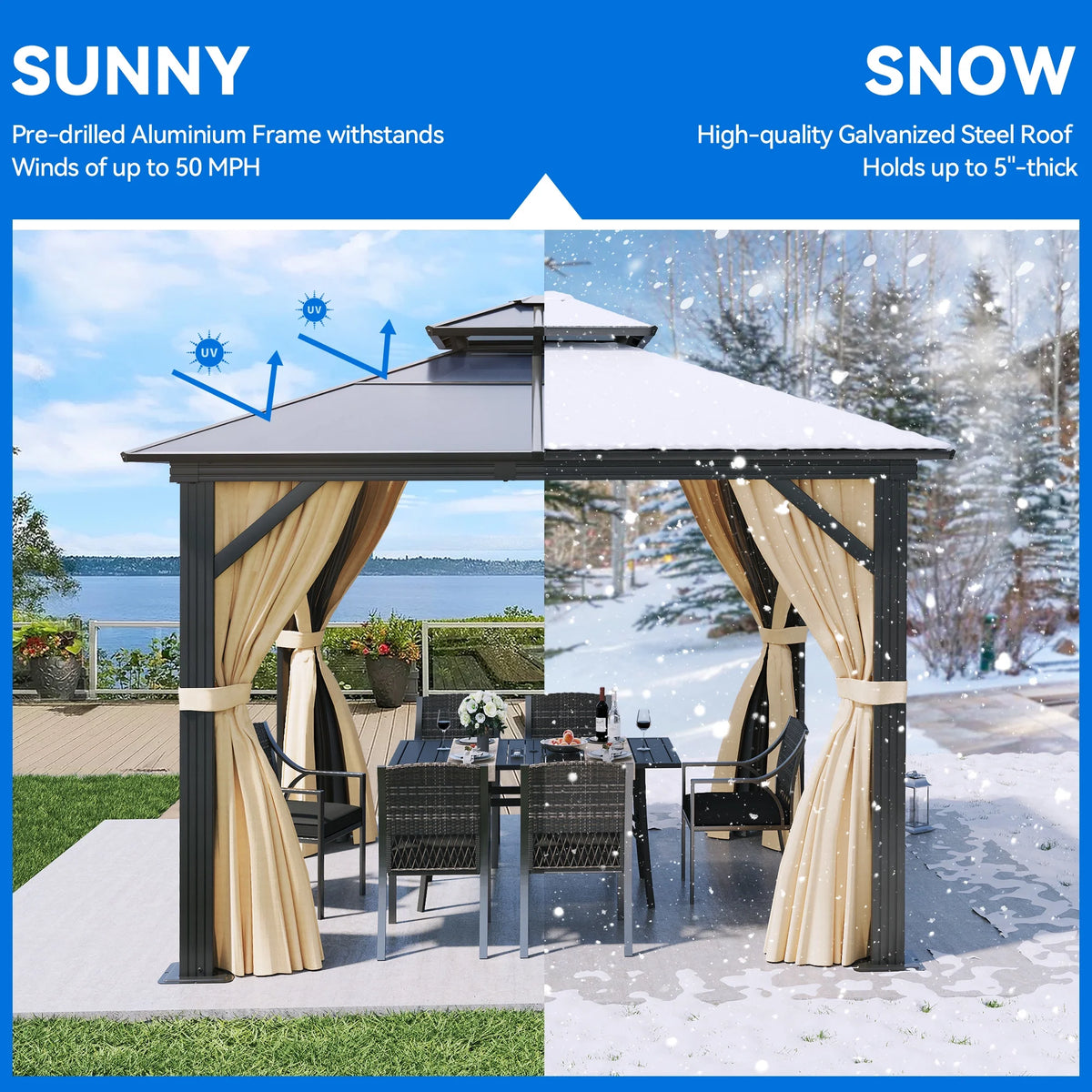 10x10ft Double Roof Polycarbonate Hardtop Gazebo with Netting and Curtains H2593