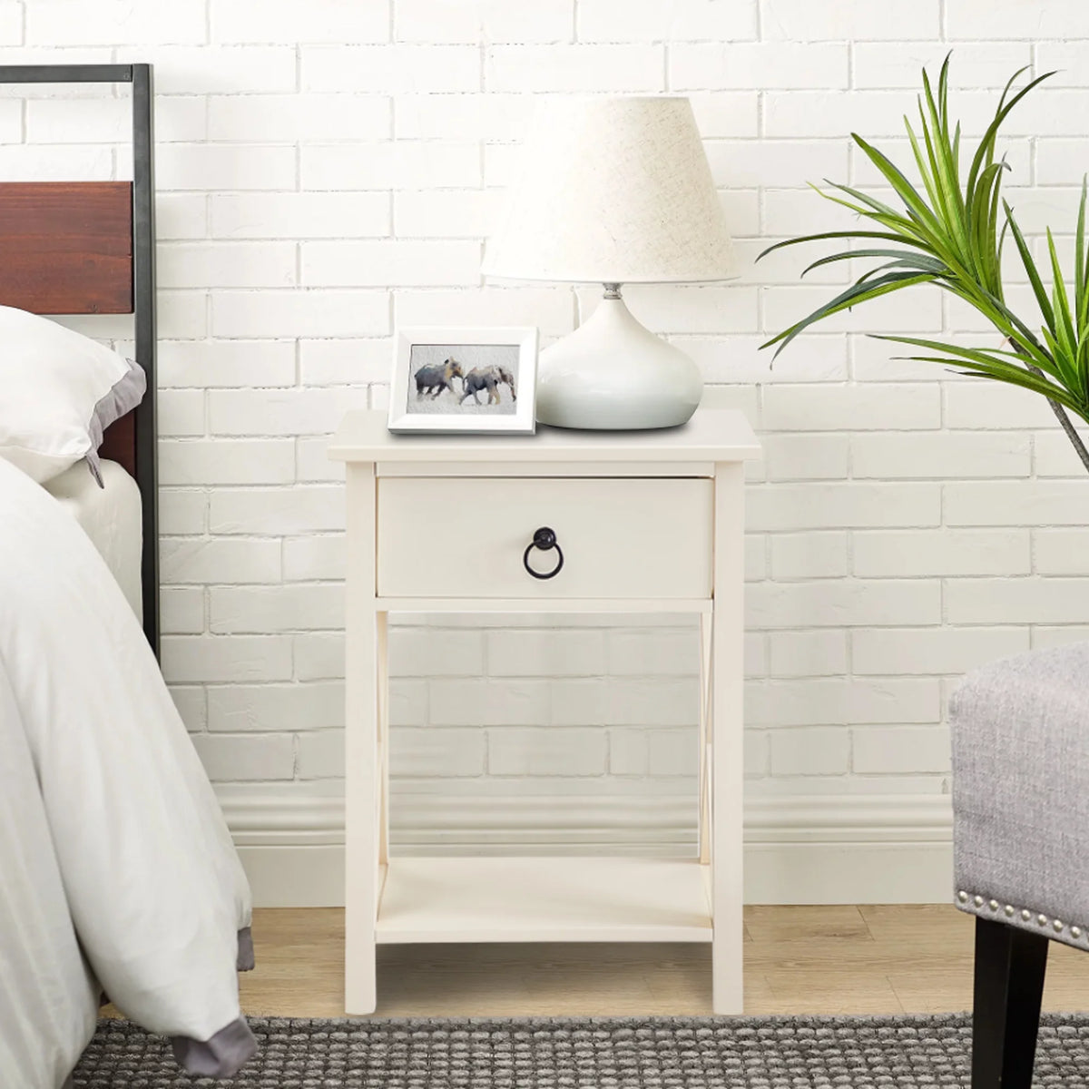 Cream Wood Nightstand with Storage Shelf and Drawer, Set of 2 B5820