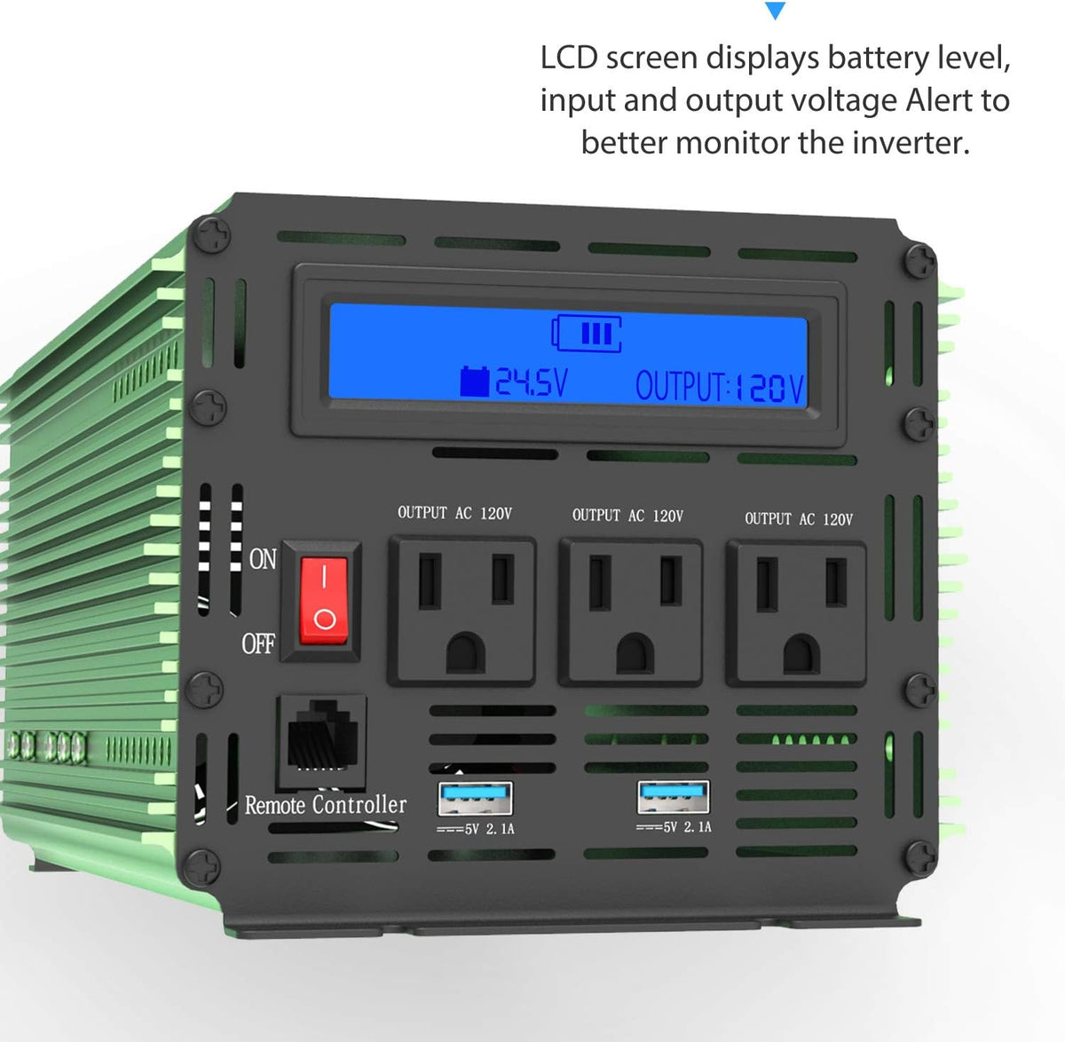 2000W 24V Power Inverter DC 24V to 110V AC with LCD and Remote Controller Dual USB Ports X503104