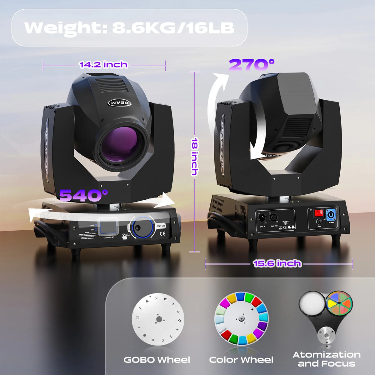 2 Pack 230W Beam Moving Head Light 8 Prisms 17 Gobos RGBW LED DJ Lighting 16CH DMX Control D183